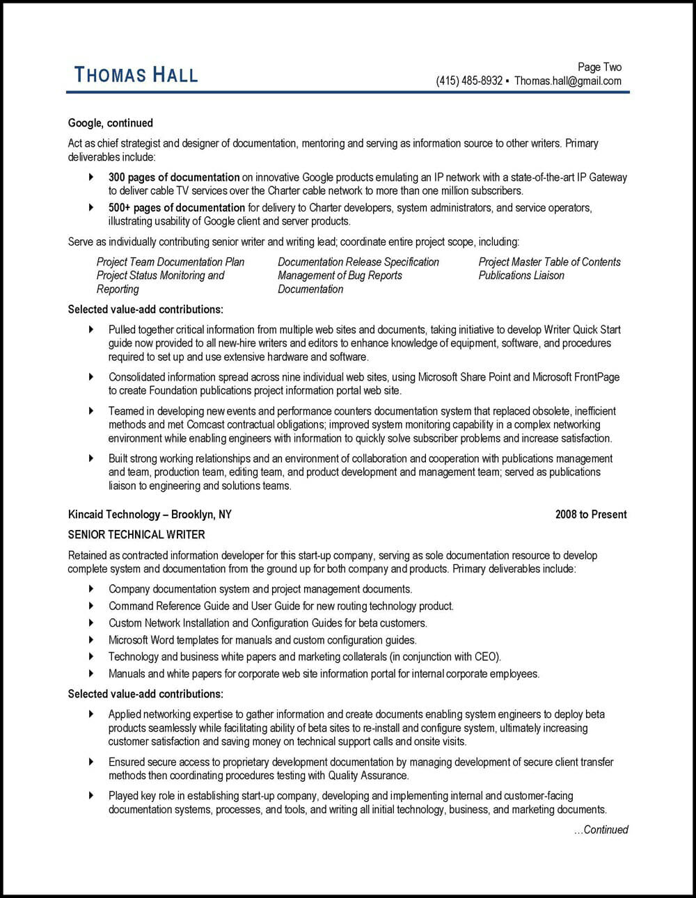 Technical Writer Resume Example Distinctive Career Services   Technical Writer Resume Page 2 