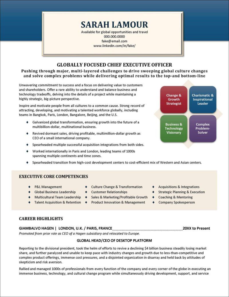 Example CLevel Resume for Executives Distinctive Career Services